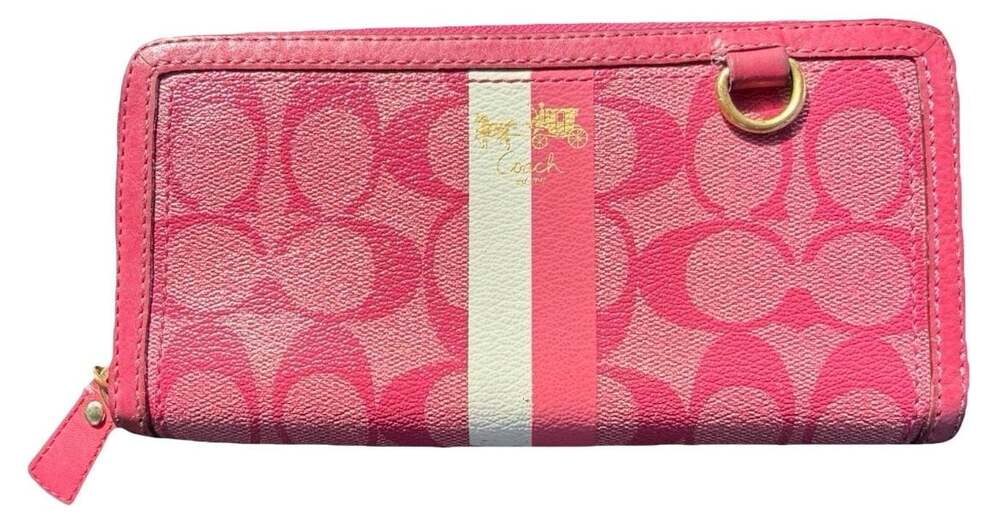 Coach Signature Heritage Stripe Accordion Zip Wallet Pink
